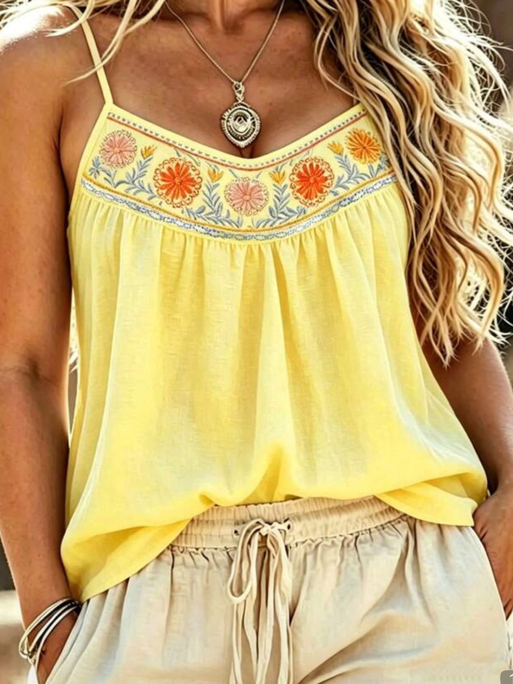 NEW Boutique Yellow Tank with Embroidered Flowers